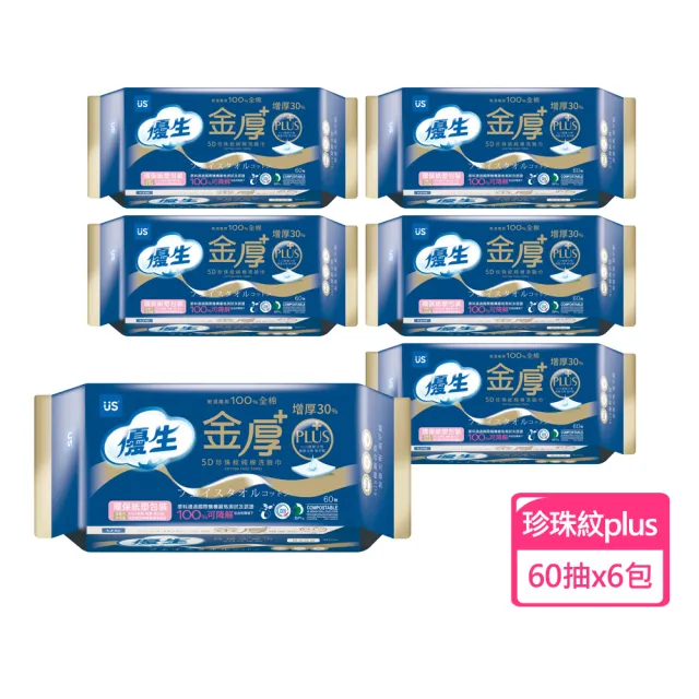 【US BABY 優生】珍珠紋純棉洗臉巾金厚 plus60抽(6包組)