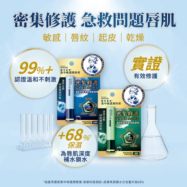 【曼秀雷敦】集中修護潤唇膏3.3g 3入 無香料/薄荷(菸鹼醯胺 溫和保濕 舒緩修護)