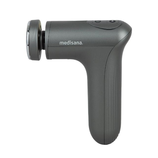 Medisana 迷你按摩槍，無線設計，5V 充電，輕巧便攜，適合日常使用。提供深層按摩，緩解肌肉痠痛，適用於肩頸、背部等部位。一年保固，品質保證，讓您輕鬆享受專業級按摩體驗。
