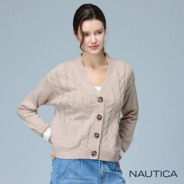 【NAUTICA】官方旗艦 女裝 溫柔知性麻花針織外套(卡其色)