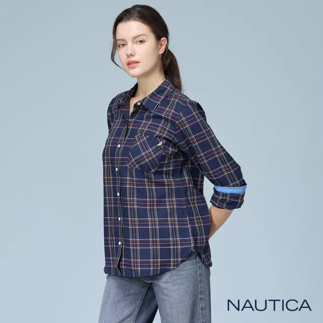 【NAUTICA】官方旗艦 女裝 都會休閒格紋長袖襯衫(藍色)