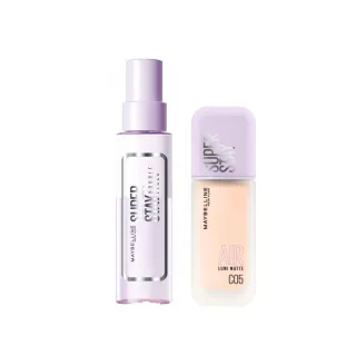 【MAYBELLINE 媚比琳】定妝噴霧x裸霧肌粉底 裸霧光持久水粉底+超持久極細雙效定妝噴霧(小方胖)