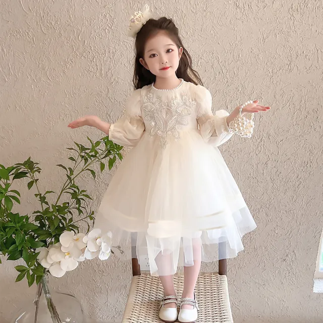 【時尚Baby】女童洋裝香檳色花朵紗裙長袖洋裝女花童裝(女中小童春秋洋裝小伴娘公主風洋裝)