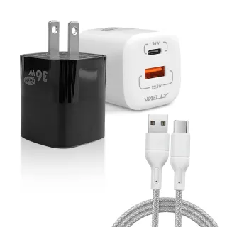 【WELLY】36W氮化鎵GaN 迷你雙孔充電器+USB to Type-C 耐拉編織充電線100CM
