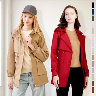 【MYVEGA 麥雪爾】MA小花收腰/斜剪接/翻領排釦綁帶風衣外套-多款任選(連帽外套/風外/新年紅色開運)