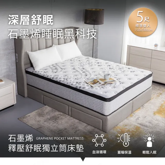 【H&D 東稻家居】MOMO獨賣台灣製雙人石墨烯低敏透氣獨立筒床墊5尺高28cm(MIT MOMO獨賣)
