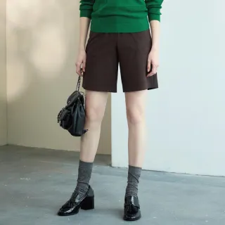 【MYSHEROS 蜜雪兒】嫘縈混紡造型短褲 前釦拉鍊 高腰英字標籤口袋(酒紅)