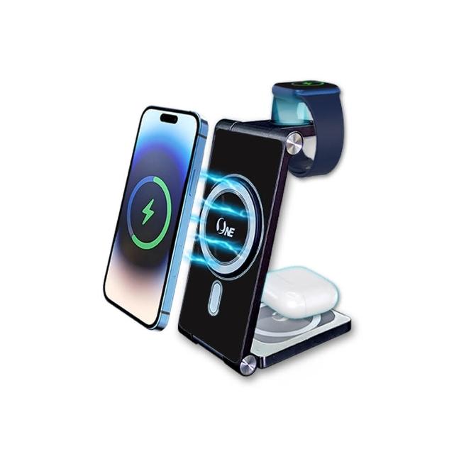【o-one】3+1多功能無線充電座 MAG 磁吸雙15W三合一快充無線充電器(充電座+TypeC快充組)
