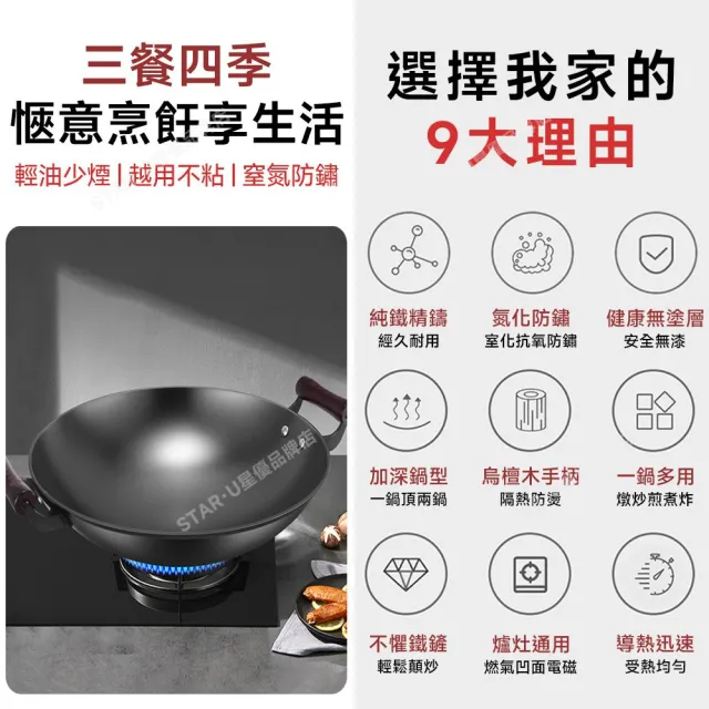 【顧家家居】炒鍋 家用炒鍋 鐵鍋 炒菜鍋 不沾鍋 煎鍋 贈鍋鏟/海綿刷(34cm帶蓋 已開鍋無塗層 電磁爐適用)