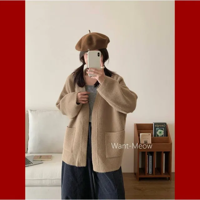 【Want-Meow】100公斤可穿百搭軟綿綿版型質感好超顯瘦寬鬆大口袋針織外套(大碼上衣/大碼/大尺碼/針織外套)