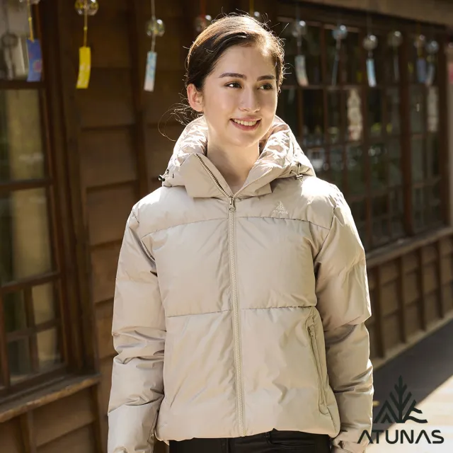 【ATUNAS 歐都納】女款HEAT CORE蓄熱保暖連帽羽絨外套(A1GA2528W灰卡/短版麵包外套/防潑水/防風/休閒/旅遊)
