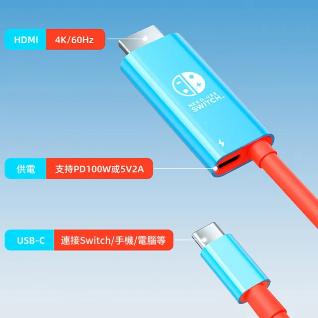 Type-c轉HDMI轉換線 4K60hz switch2/1高清投屏線 數位影音轉接線 2米(轉接線/轉接器)