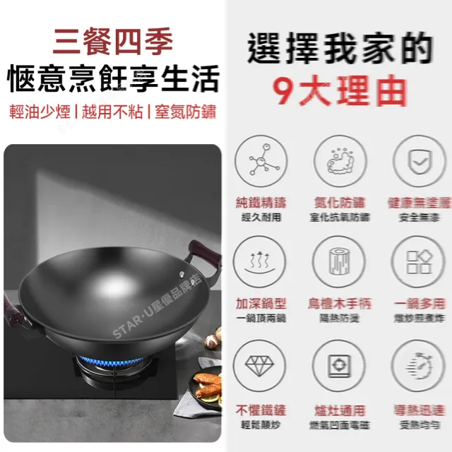 【常隆】老式鐵鍋 已開鍋無塗層 雙耳生鐵炒鍋 炒菜鍋(34cm圓底炒鍋 燃氣電磁爐通用)