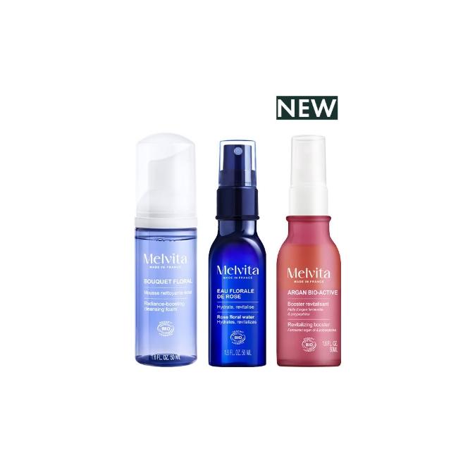 【Melvita 蜜葳特】緊緻雙效美肌三部曲(堅果緊提雙效露50ml+玫瑰花粹50ml+潔面慕絲50ml)