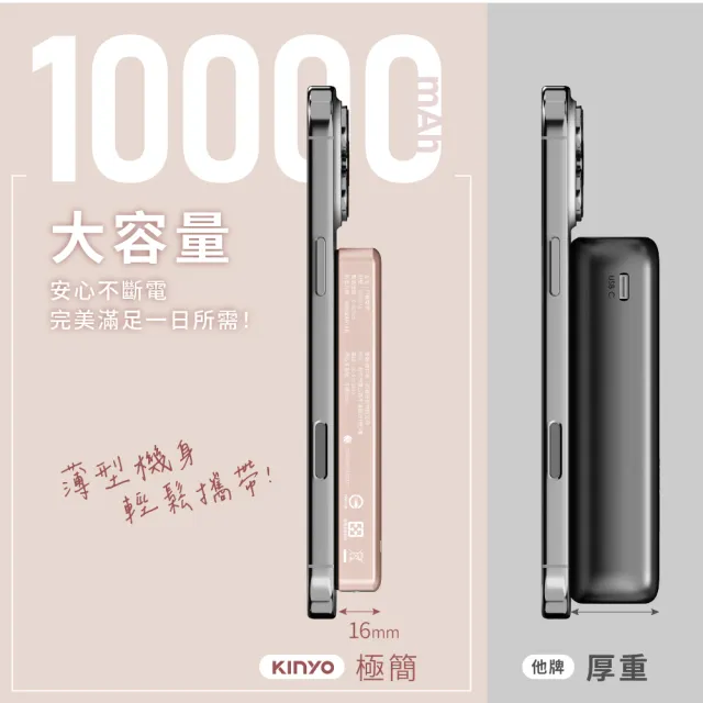 【KINYO】WH標示 10000mAh大容量薄型磁吸行動電源 Type-C/蘋果 (KPB-618)