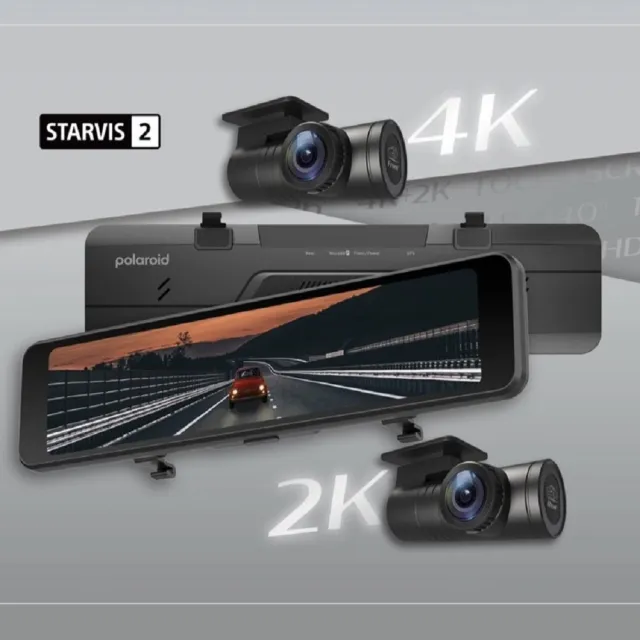 【Polaroid 寶麗萊】T1205 電子後視鏡行車紀錄器 附記憶卡(前4K+後2K 分離式鏡頭 測速提示 語音控制)