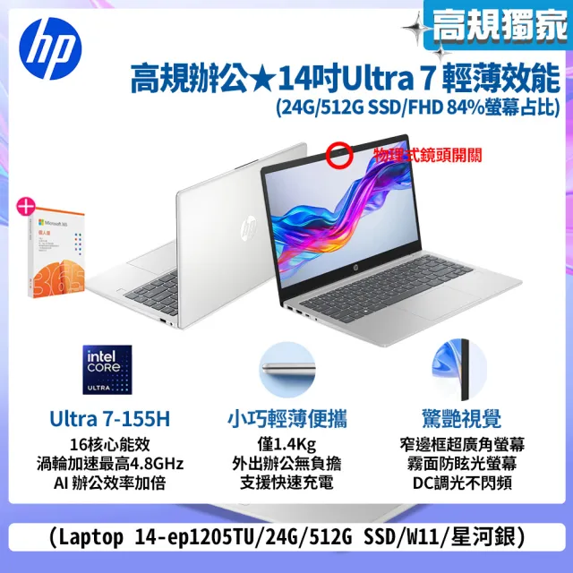 【HP 惠普】M365★14吋Ultra 7-155H輕薄效能筆電(Laptop 14-ep1205TU/24G/512G/W11/星河銀)