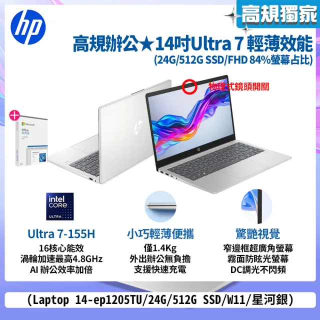 【HP 惠普】Office 2024★14吋Ultra 7-155H輕薄效能筆電(Laptop 14-ep1205TU/24G/512G/W11/星河銀)