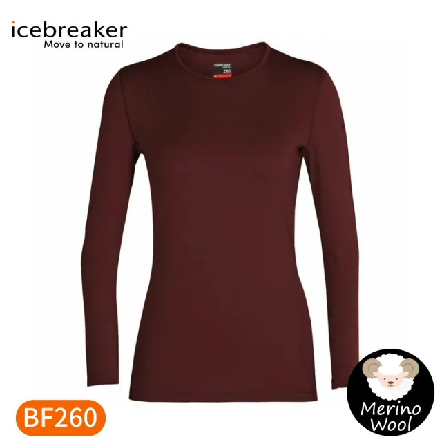 【Icebreaker】女 Tech 圓領長袖上衣 BF260《酒紅》104387/排汗衣/內層衣/薄長袖/圓領T
