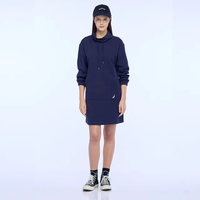 【NAUTICA】官方旗艦 女裝 立領抽繩長袖連身裙(藍色)