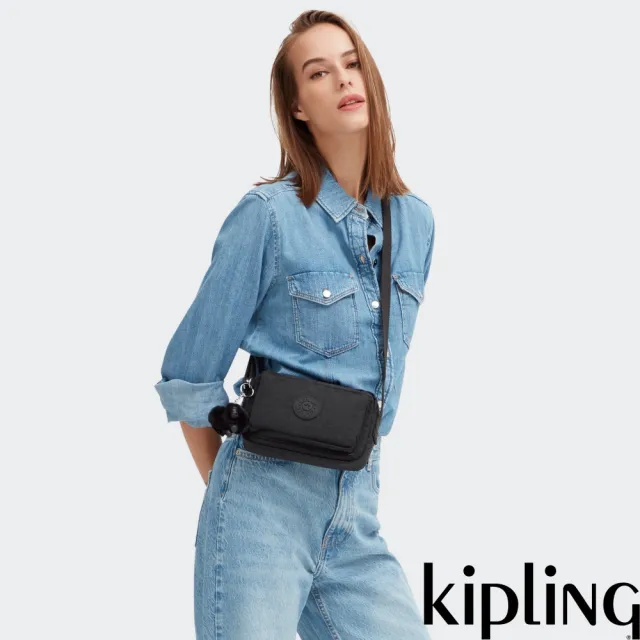 【KIPLING】曜岩黑品牌經典圓標前後加寬收納側背包-ABANU 女包