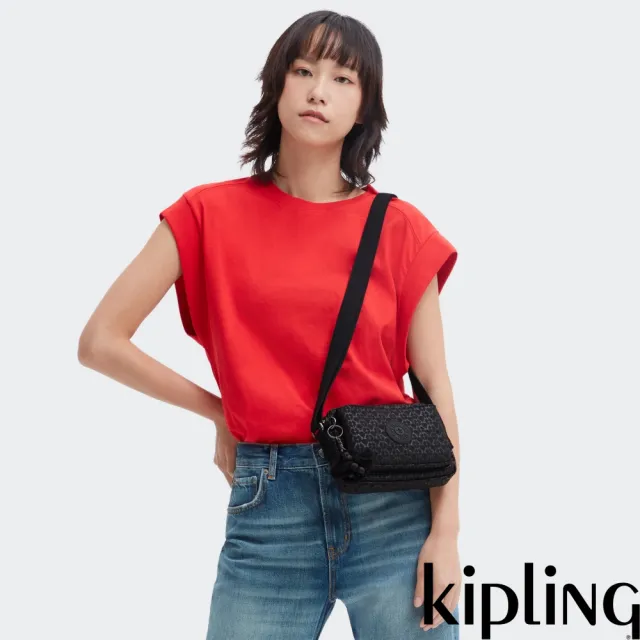 【KIPLING】經典黑菱格紋印花前後加寬收納側背包-ABANU 女包