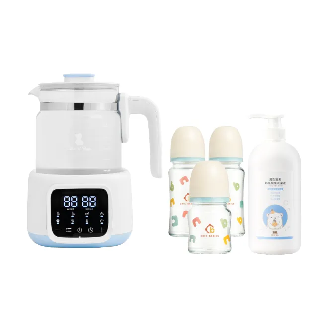 【奇哥】智能恆溫調乳器+耐熱玻璃寬口奶瓶2大1小+鳳梨酵素奶瓶蔬果洗滌(奇哥50調乳實用組)