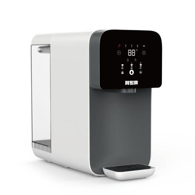  賀眾牌 UR-3302EBK-1 桌上型飲水機，臺灣原廠製造，提供熱水與溫水供給，瞬熱設計無熱水儲水容量，溫水儲水達9.7L總容量9-10L。塑膠材質輕巧僅8.7KG，尺寸21x41x47cm適合桌面擺放。110V/60Hz電壓，功率1000W以上，BSMI認證R31196，保固1年。非接管式設計，需手動補水，適閤家庭辦公室使用。注意偏遠地區加收服務費，購買前確認規格，避免退換損耗。 