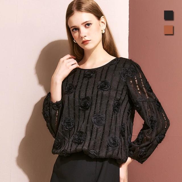 【TOWN’WEAR 棠葳】典雅立體花卉上衣 2色(中大尺碼/女上衣/女上著/素色/拼接/長袖/鏤空)