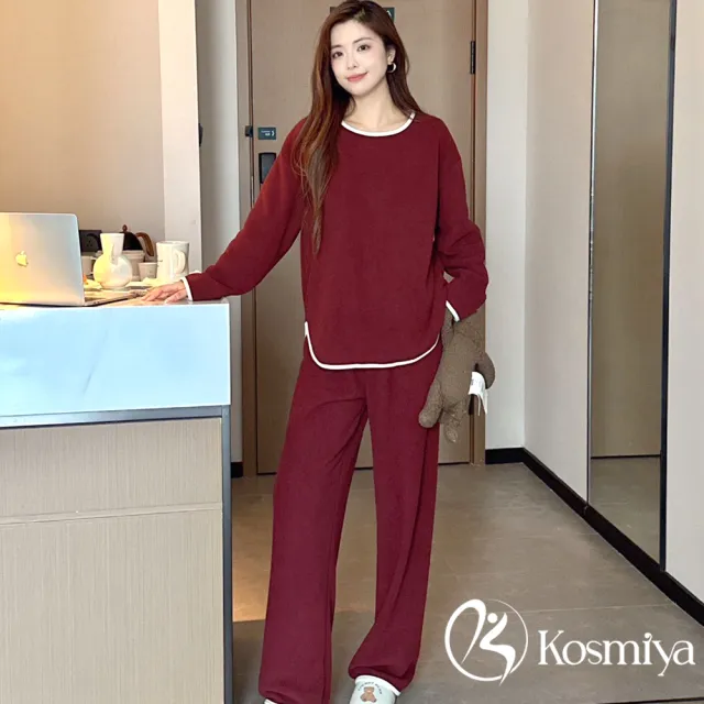 【Kosmiya】1套 加厚刷絨 休閒撞色雪粒絨長袖睡衣/女睡衣/居家服/兩件式睡衣(3色/均碼/加大碼)