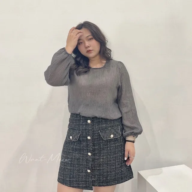 【Want-Meow】90公斤可穿/質感系/韓系細長袖皺皺透膚上衣(大碼/大尺碼/加大碼/長袖上衣)