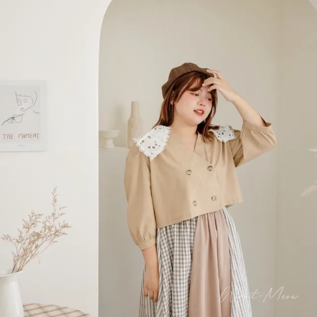 【Want-Meow】70公斤可穿/長袖棉麻蕾絲寶寶領短版外套襯衫(大碼/大尺碼/加大碼/長袖外套襯衫)
