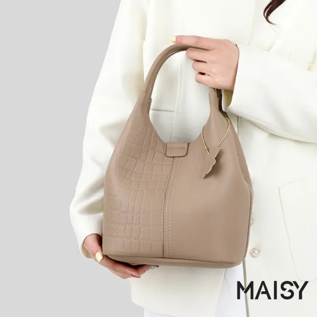 【MAISY】日系簡約荔枝紋軟皮亮澤手提包 斜跨包 單肩包(米白/卡其/黑)