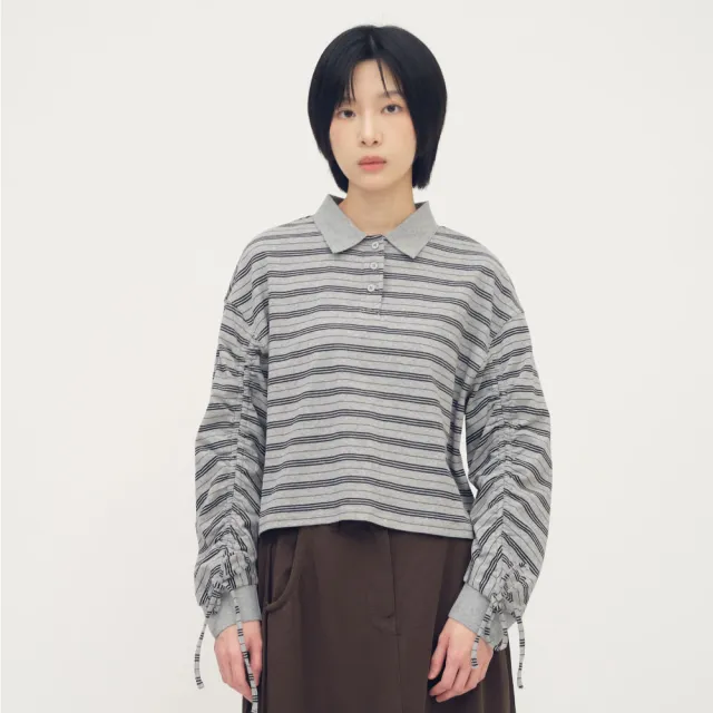 【plain-me】SAAKO 女生上衣 POLO衫 短版上衣 女生長袖 抽繩條紋_SAA3602-261
