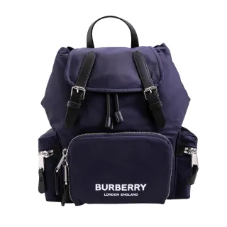 【BURBERRY 巴寶莉】The Rucksack軍旅中型白字LOGO尼龍後背包(藍色)