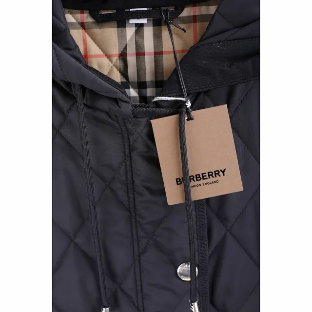 【BURBERRY 巴寶莉】菱格衍縫 格紋內裡 中長款連帽外套-黑色