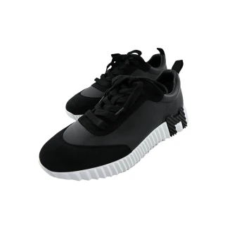 【Hermes 愛馬仕】經典Bouncing H LOGO小牛皮/麂皮山羊皮異材質拼接運動鞋(黑色白底/37)