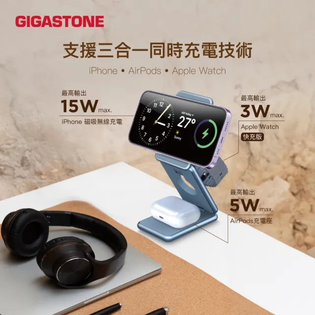 【Gigastone 立達國際】2入組 三合一23W折疊式磁吸無線充電座(適用iPhone17/耳機/手錶/MagSafe充電盤)