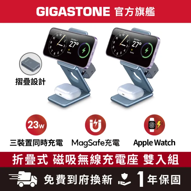 【Gigastone 立達國際】2入組 三合一23W折疊式磁吸無線充電座(適用iPhone17/耳機/手錶/MagSafe充電盤)