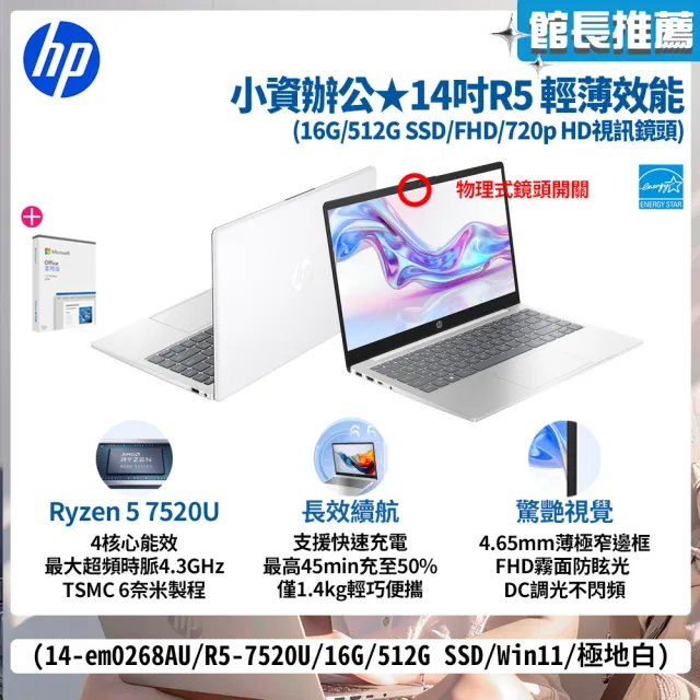 【HP 惠普】Office 2024★14吋Ryzen 5 7520U輕薄效能筆電(14-em0268AU/R5-7520U/16G/512G/W11/極地白)