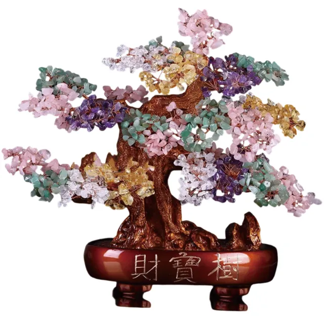 水晶發財樹擺件 七彩水晶鎮宅客廳高檔輕奢玄關裝飾品 招財擺件(高約35cm寬約35cm)