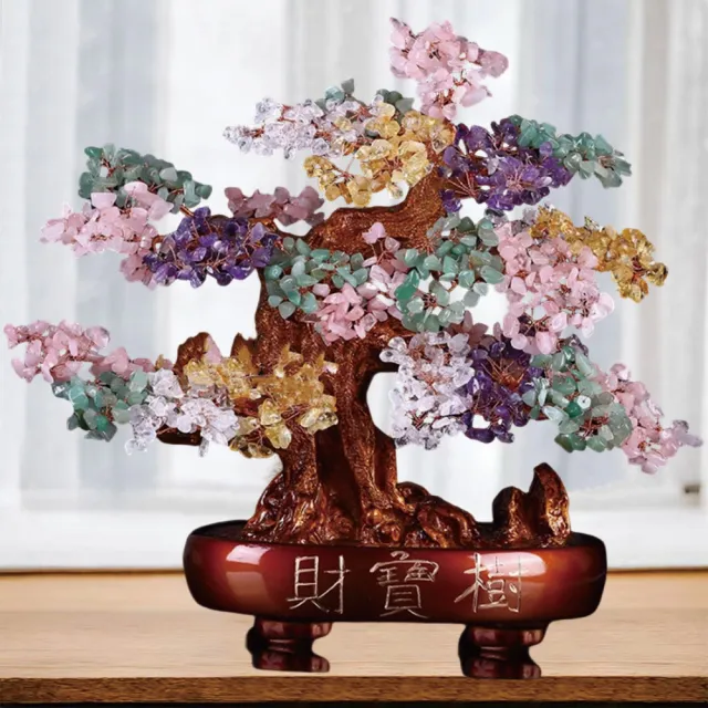 水晶發財樹擺件 七彩水晶鎮宅客廳高檔輕奢玄關裝飾品 招財擺件(高約35cm寬約35cm)
