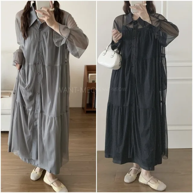 【Want-Meow】90公斤可穿/日系兩件組長袖/短袖網紗寬鬆洋裝襯衫尾牙約會婚禮(大碼/大尺碼/加大碼/洋裝組)