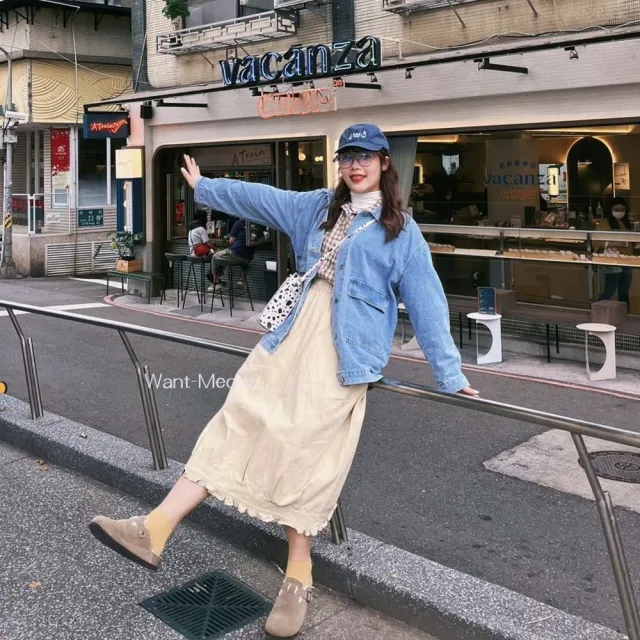 【Want-Meow】100公斤可雙口袋大口袋斜紋布牛仔外套(大碼上衣/大碼/大尺碼/牛仔外套)
