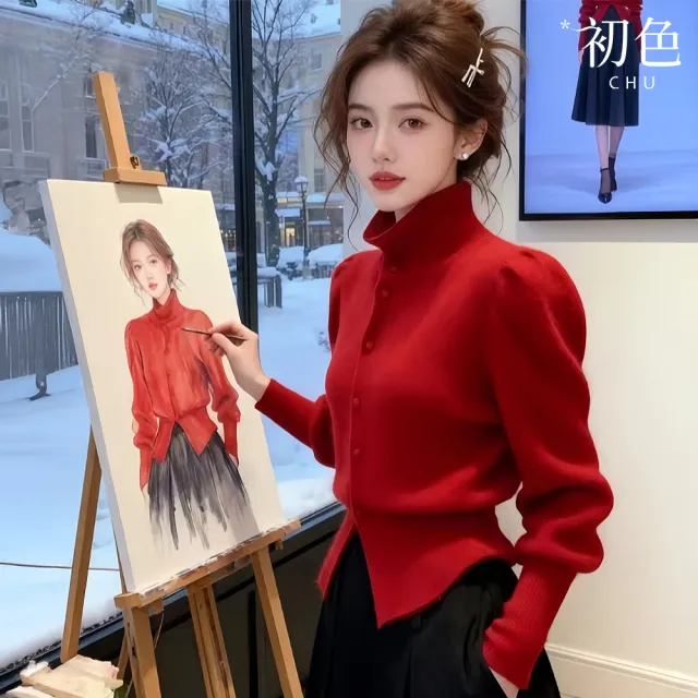 【初色】純色高領排釦長袖收腰顯瘦針織衫上衣女上衣-紅色-18460(F可選)