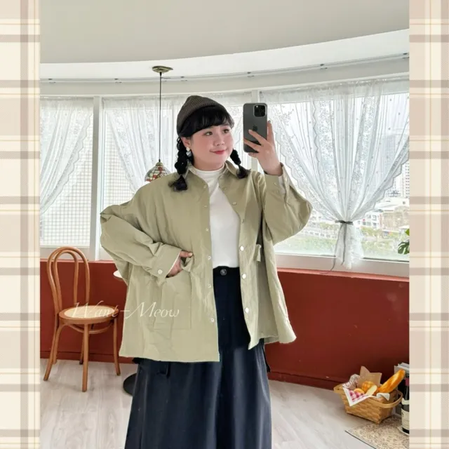 【Want-Meow】(出清品)90公斤可穿/簡約尼龍寬鬆中性風工裝質感襯衫外套(大碼/大尺碼/加大碼/襯衫外套)