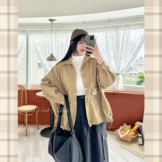 【Want-Meow】(出清品)90公斤可穿/簡約尼龍寬鬆中性風工裝質感襯衫外套(大碼/大尺碼/加大碼/襯衫外套)