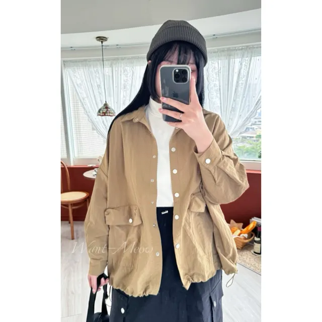 【Want-Meow】(出清品)90公斤可穿/簡約尼龍寬鬆中性風工裝質感襯衫外套(大碼/大尺碼/加大碼/襯衫外套)