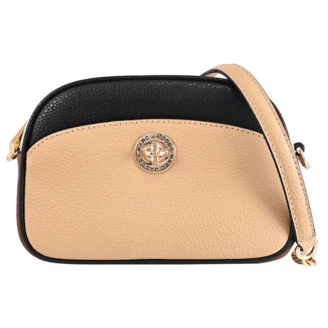 【MARC JACOBS】金屬轉釦LOGO撞色前口袋鏈帶斜背包(棕/黑)
