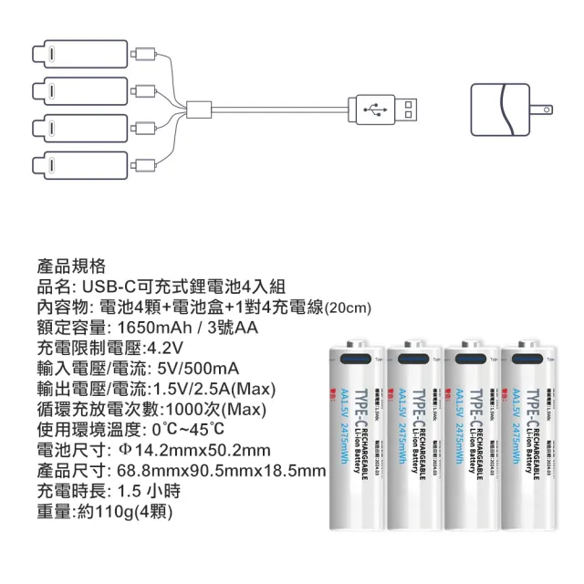 【PowerRider】Wephone C520 3號AA USB 2475mWh 充電式鋰電池(附一對四充電線)